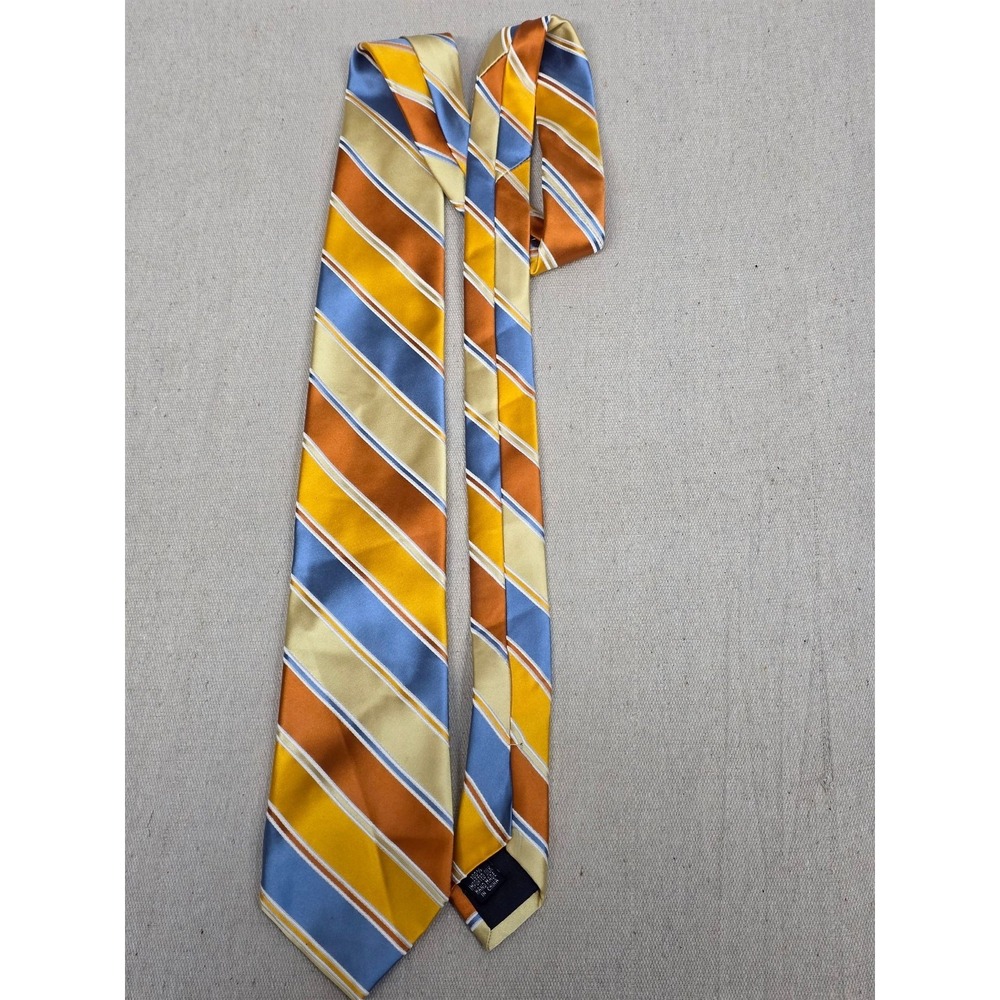 Paul Fredrick Mens Silk Necktie‎ Orange Blue Yellow Striped Handmade Tie